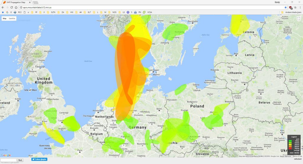 This maps shows tropo paths. Very good openings towards LA.